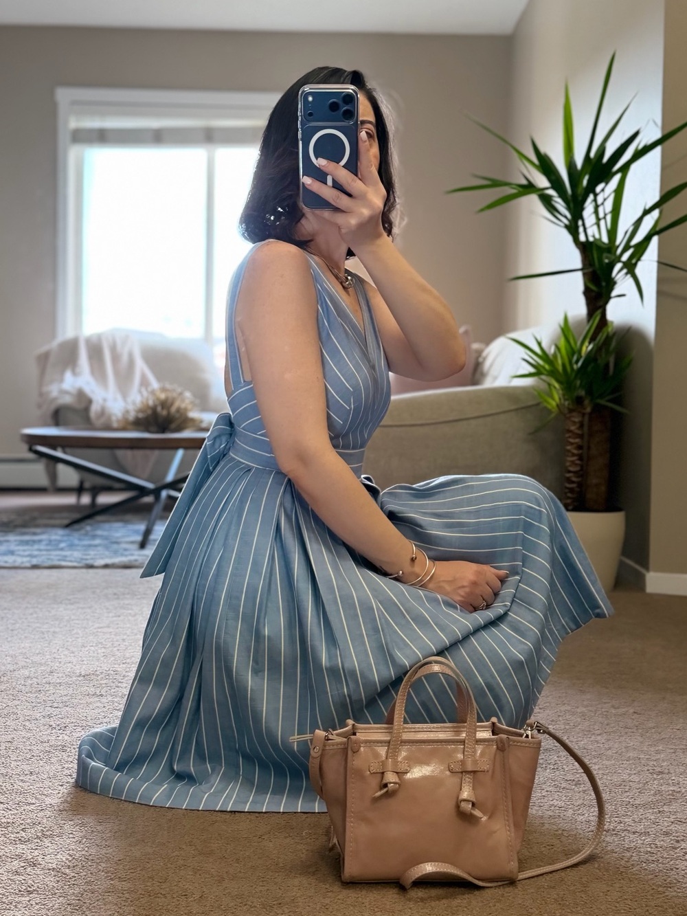 Gal Meets Glam Blue and White Striped Backless Dress